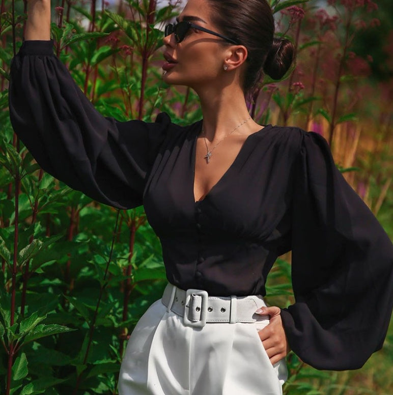 Lantern Sleeve V-Shaped Collar Top null