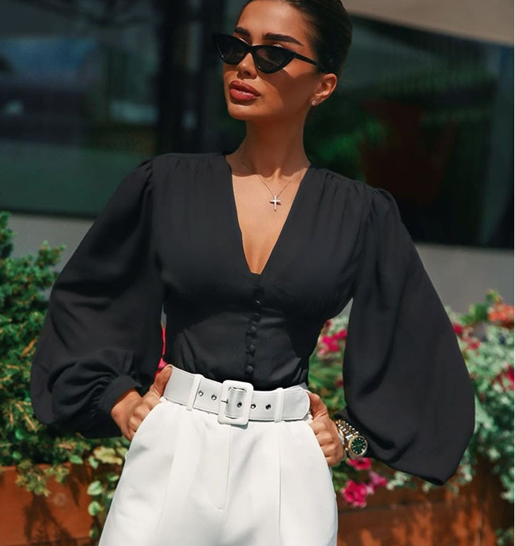 Lantern Sleeve V-Shaped Collar Top null
