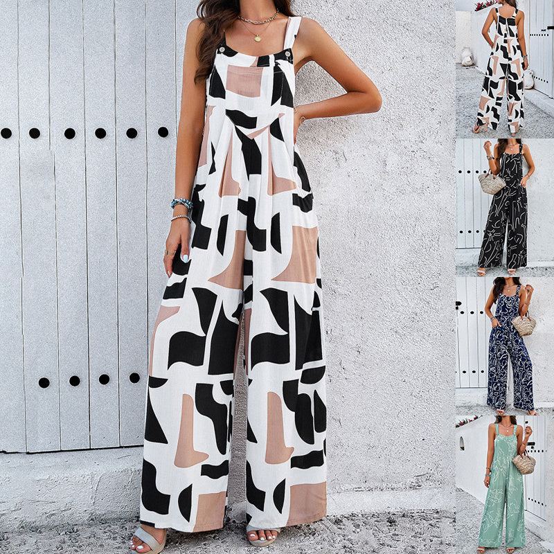 Print Square Neck Jumpsuit With Pockets null