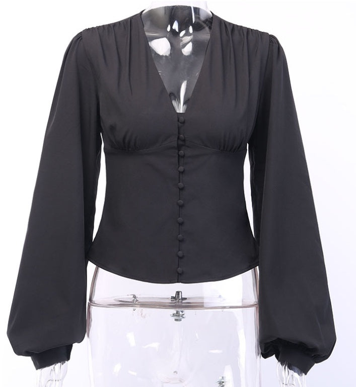 Lantern Sleeve V-Shaped Collar Top null