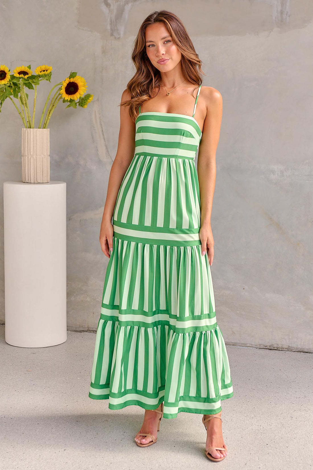 Striped Printed Long Dress With Pockets null