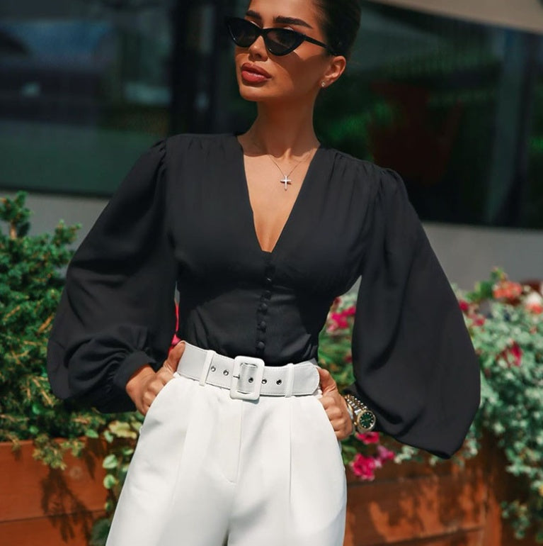 Lantern Sleeve V-Shaped Collar Top null