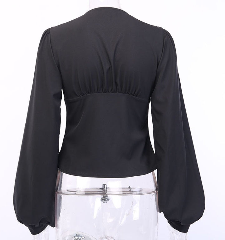 Lantern Sleeve V-Shaped Collar Top null
