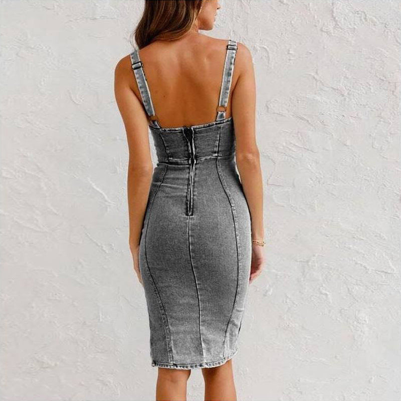 U-Neck Denim Slim Fit Slit Dress null