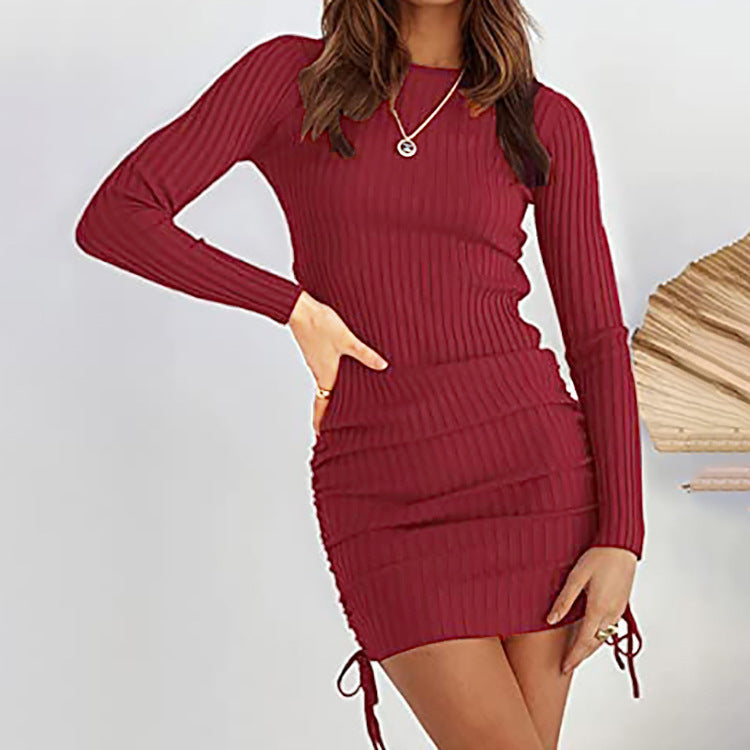 Pleated Drawstring Knit Mid-Waist Dress null