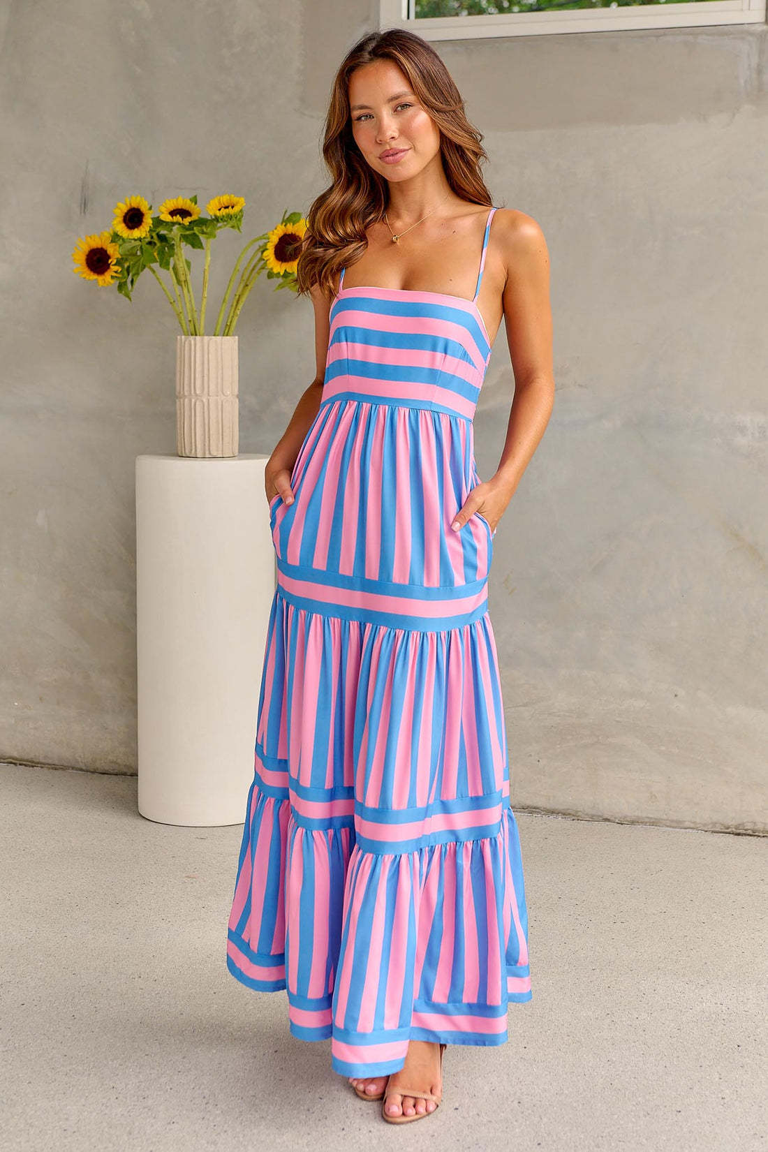 Striped Printed Long Dress With Pockets null