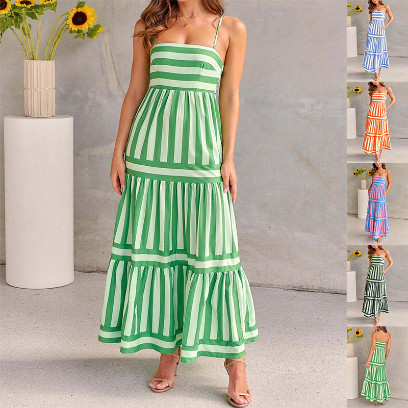 Striped Printed Long Dress With Pockets null