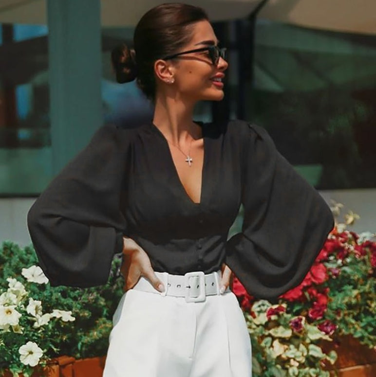 Lantern Sleeve V-Shaped Collar Top null