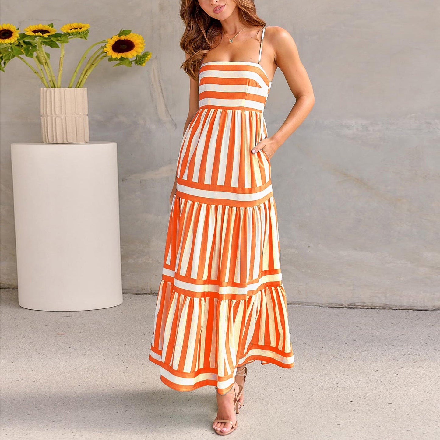 Striped Printed Long Dress With Pockets null