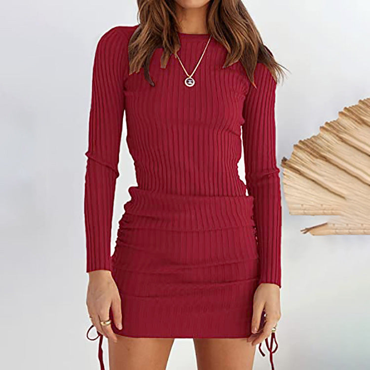 Pleated Drawstring Knit Mid-Waist Dress null