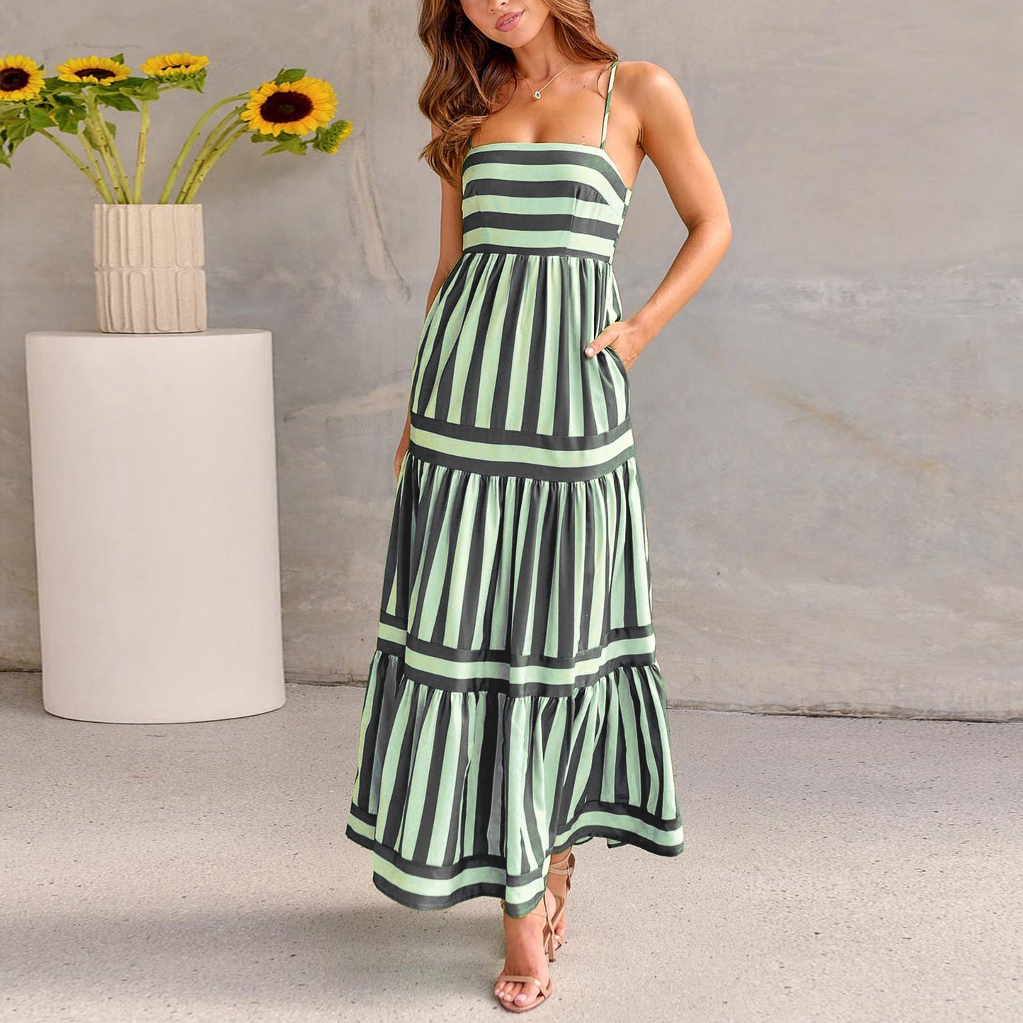 Striped Printed Long Dress With Pockets null