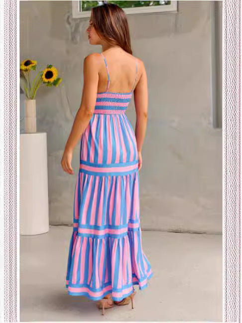 Striped Printed Long Dress With Pockets null