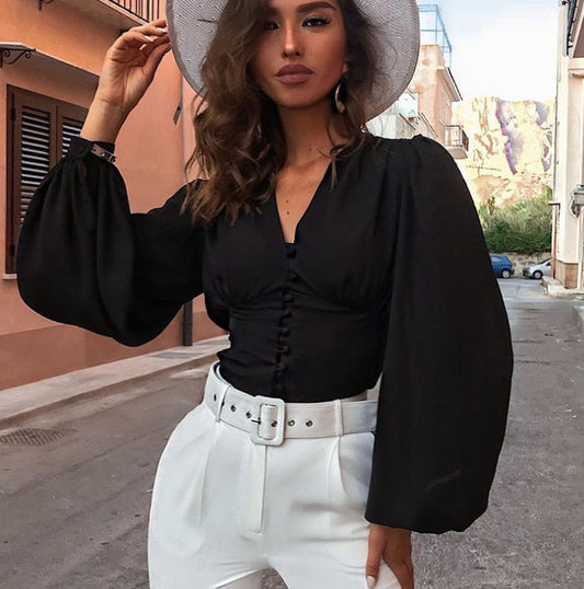 Lantern Sleeve V-Shaped Collar Top null