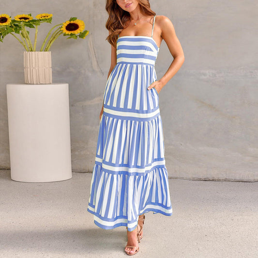 Striped Printed Long Dress With Pockets null