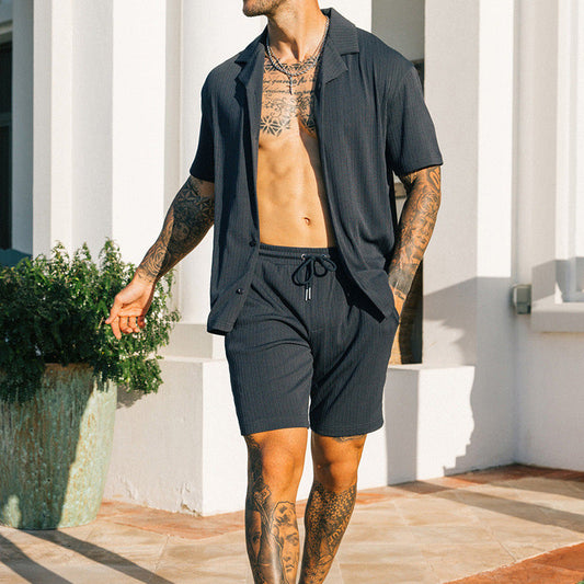 Lapel Button Shirts And Shorts Two Piece null