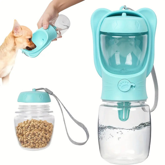 Portable pet water bottle with built-in food container